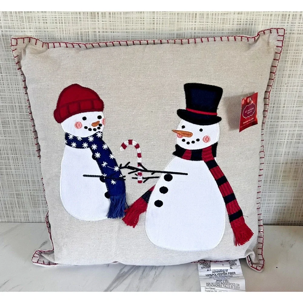 Linen Snowman Friends Throw Pillow 16